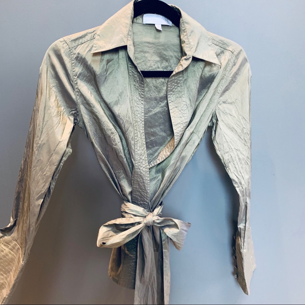 Badgley Mischka Olive Green Silk Top with Belt